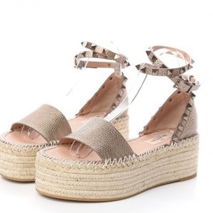 Valentino Metallic Grained Calfskin Rockstud Ankle Wrap Espadrille